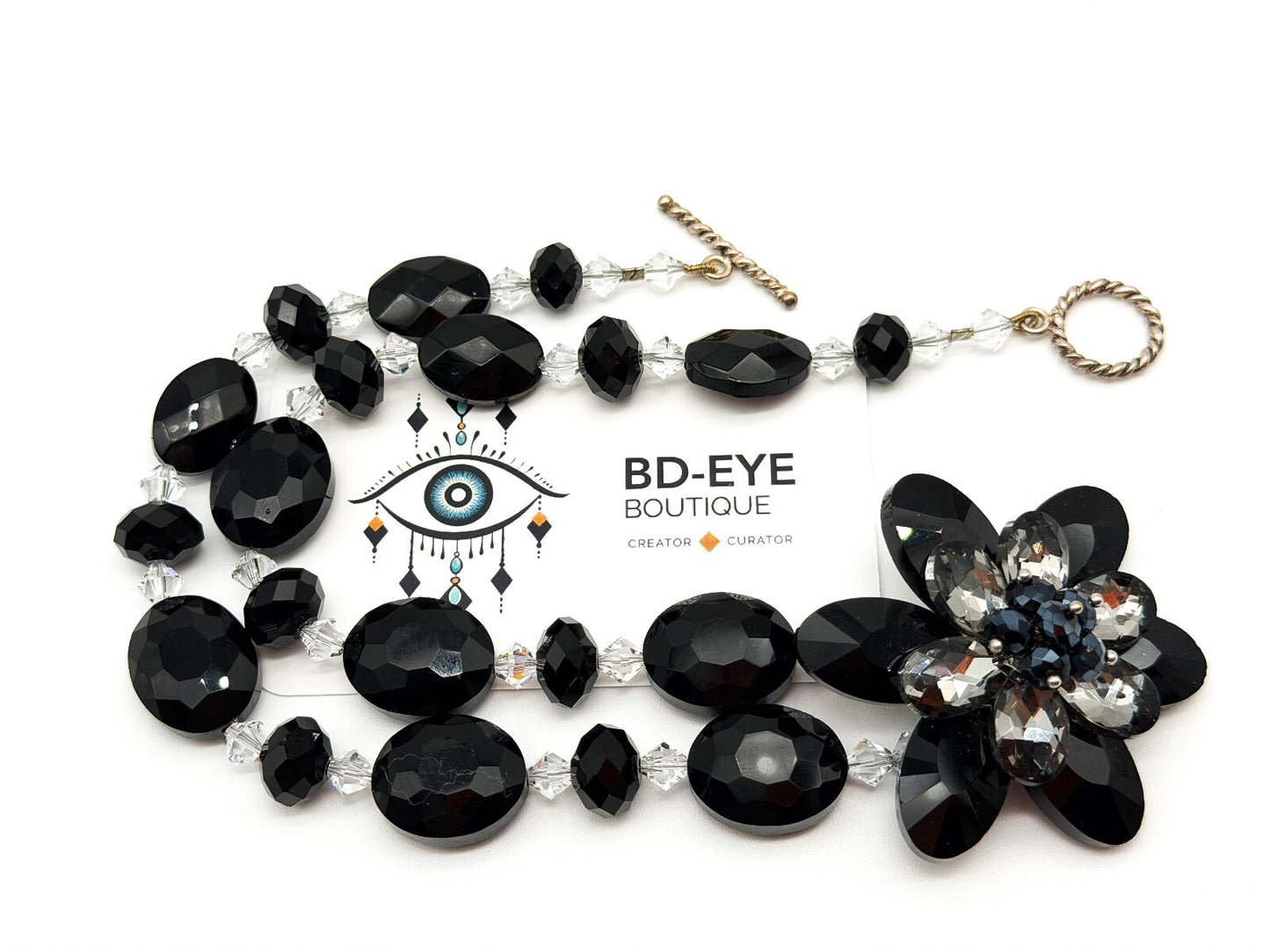 Black Crystal Flower Statement Necklace Earrings Set Faceted Glass Evening Wear
