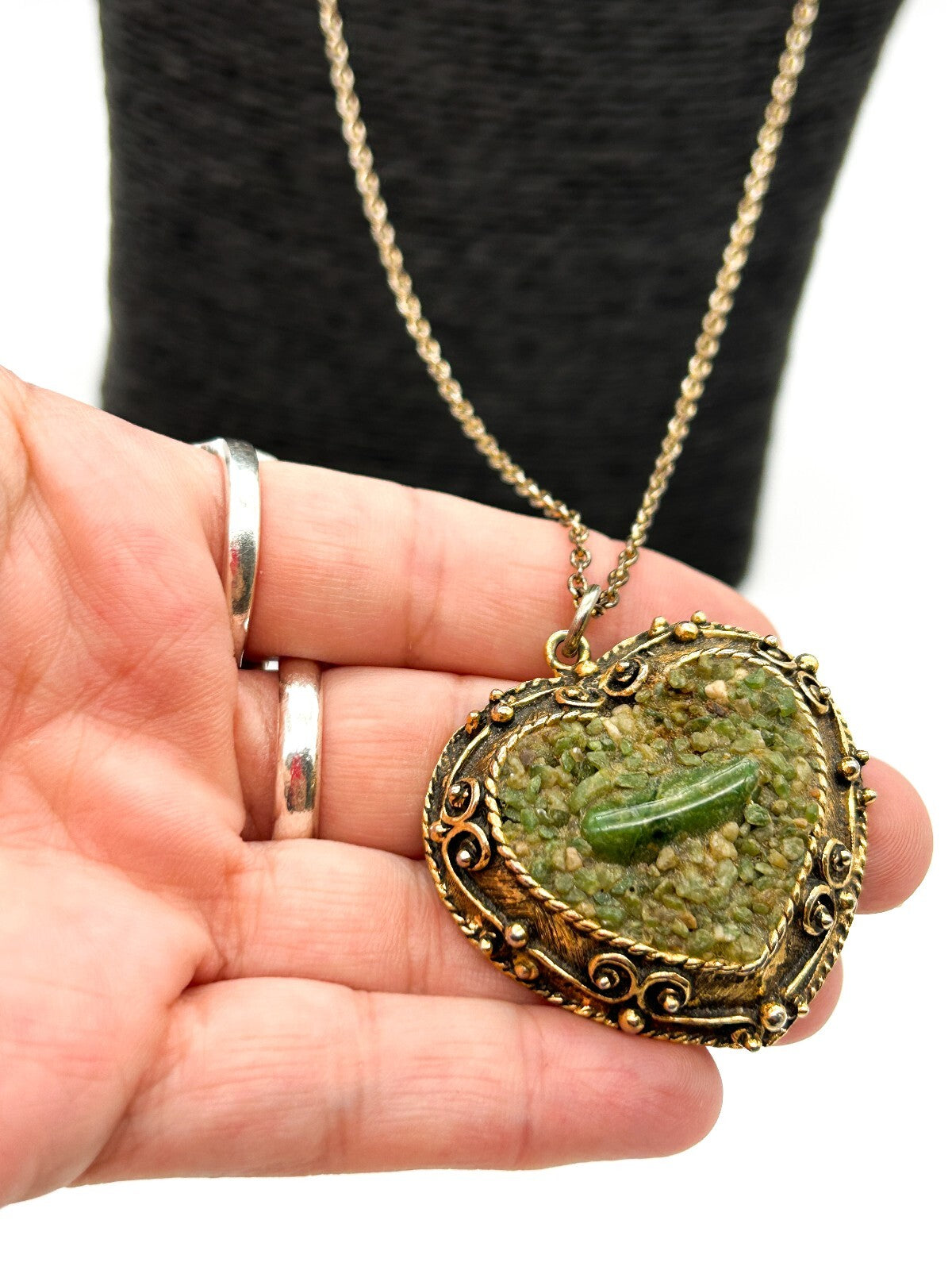 Vintage Gold Tone Heart Pendant Necklace Green Gemstone Chip Long Chain