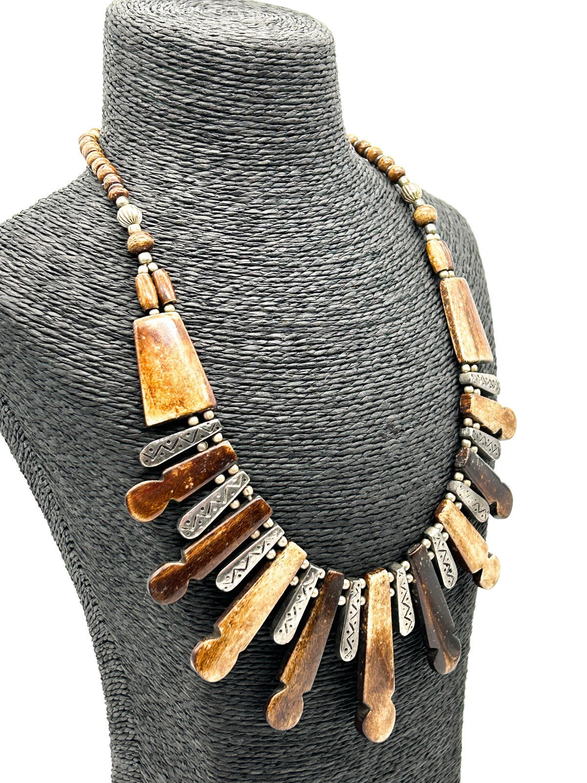 Vintage Boho Fringe Necklace Carved Organic Material Silver Tone Tribal Bib