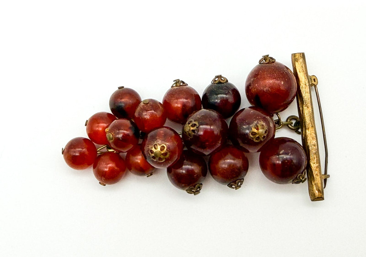 Vintage Cha Cha Lucite Grape Cluster Brooch Red Berry Gold Tone Pin 3.5 Inch