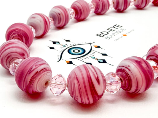 Pink Swirl Art Glass Bead Necklace Crystal Spacer Statement Toggle 18.5”