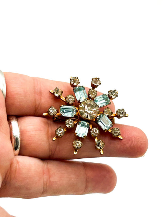 Vintage Blue Clear Rhinestone Starburst Brooch Gold Tone Atomic Snowflake Pin