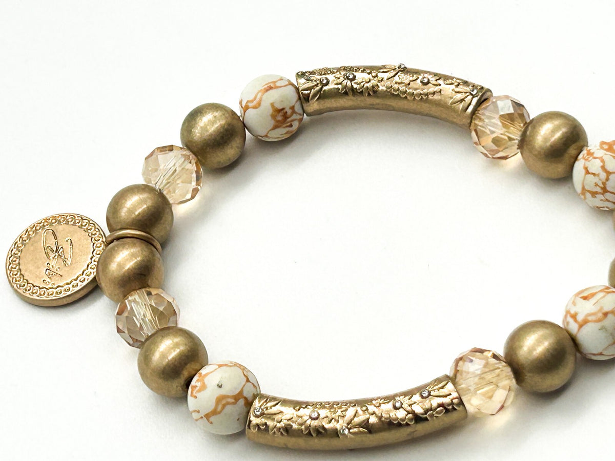 Signed Bibi Bijoux Ornate Heart Charm Bracelet Gold Tone Crystal Marble Stretch