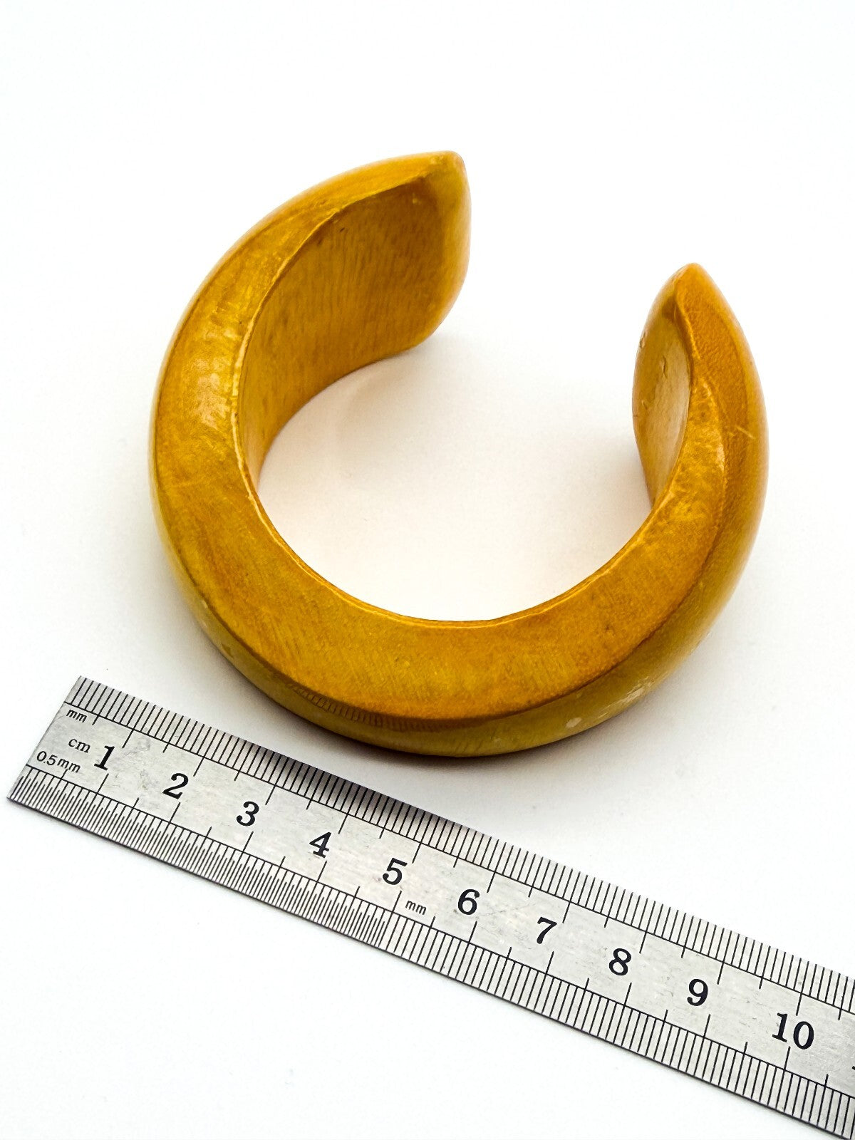 Vintage Mustard Yellow Wooden Cuff Bangle Wide Gloss Wood Statement Bracelet