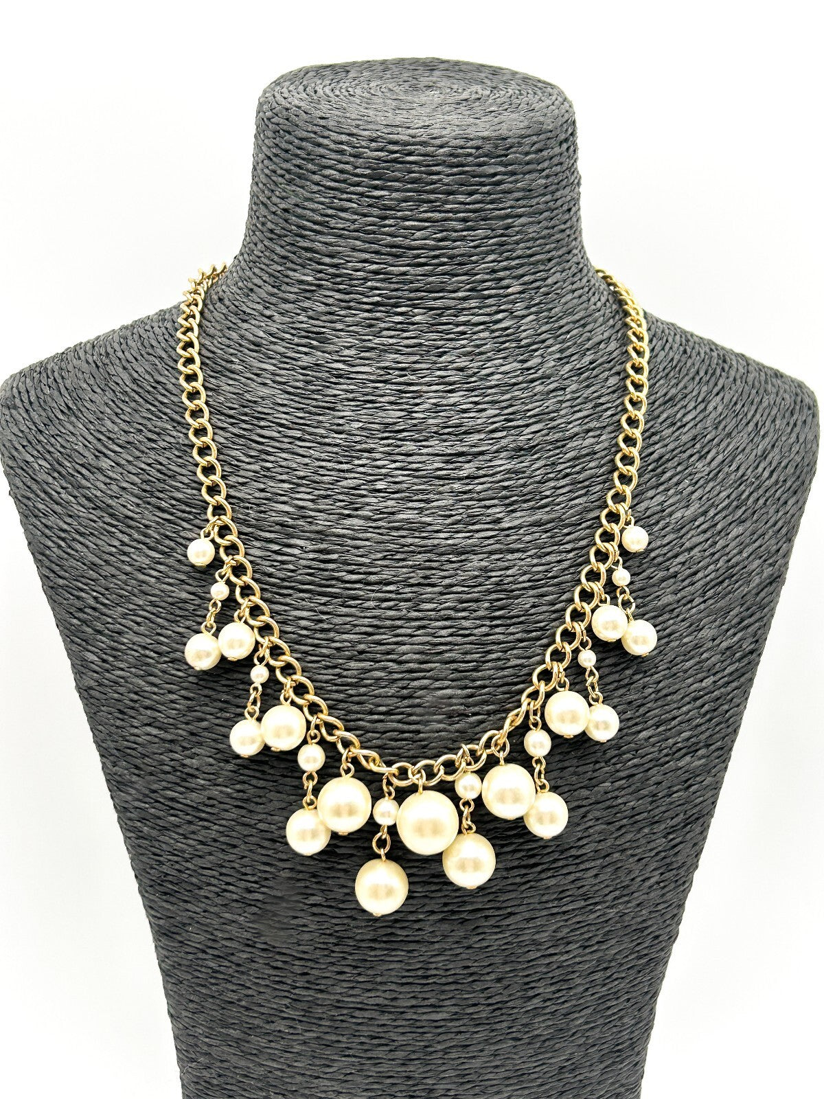 Vintage Gold Tone Faux Pearl Cha Cha Bib Necklace Statement Necklace 17.5” Retro