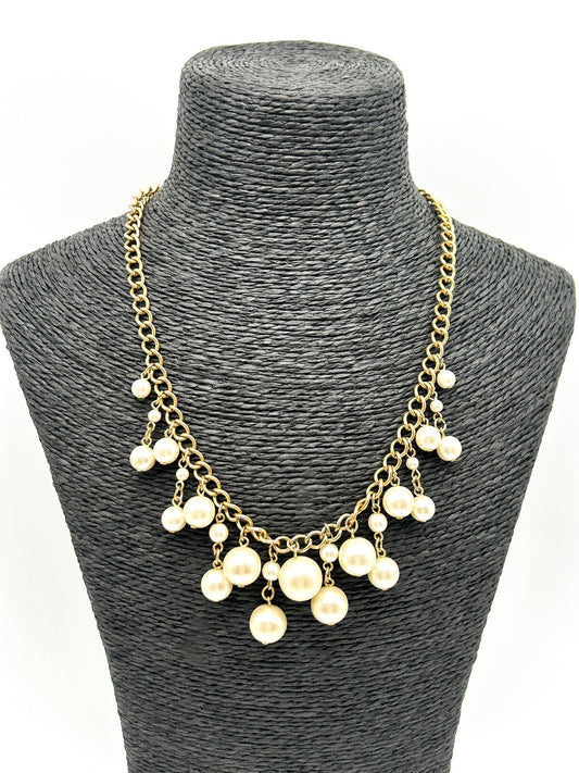 Vintage Gold Tone Faux Pearl Cha Cha Bib Necklace Statement Necklace 17.5” Retro