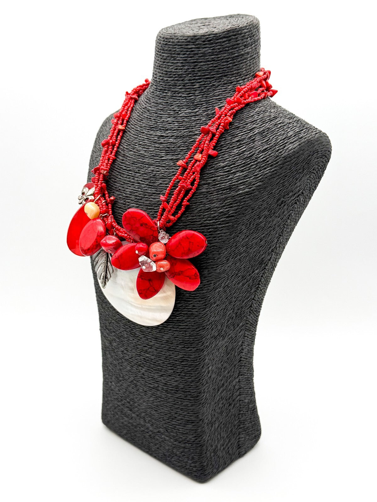 Red Coral Mother of Pearl Floral Necklace Multi Strand Boho Statement Flower