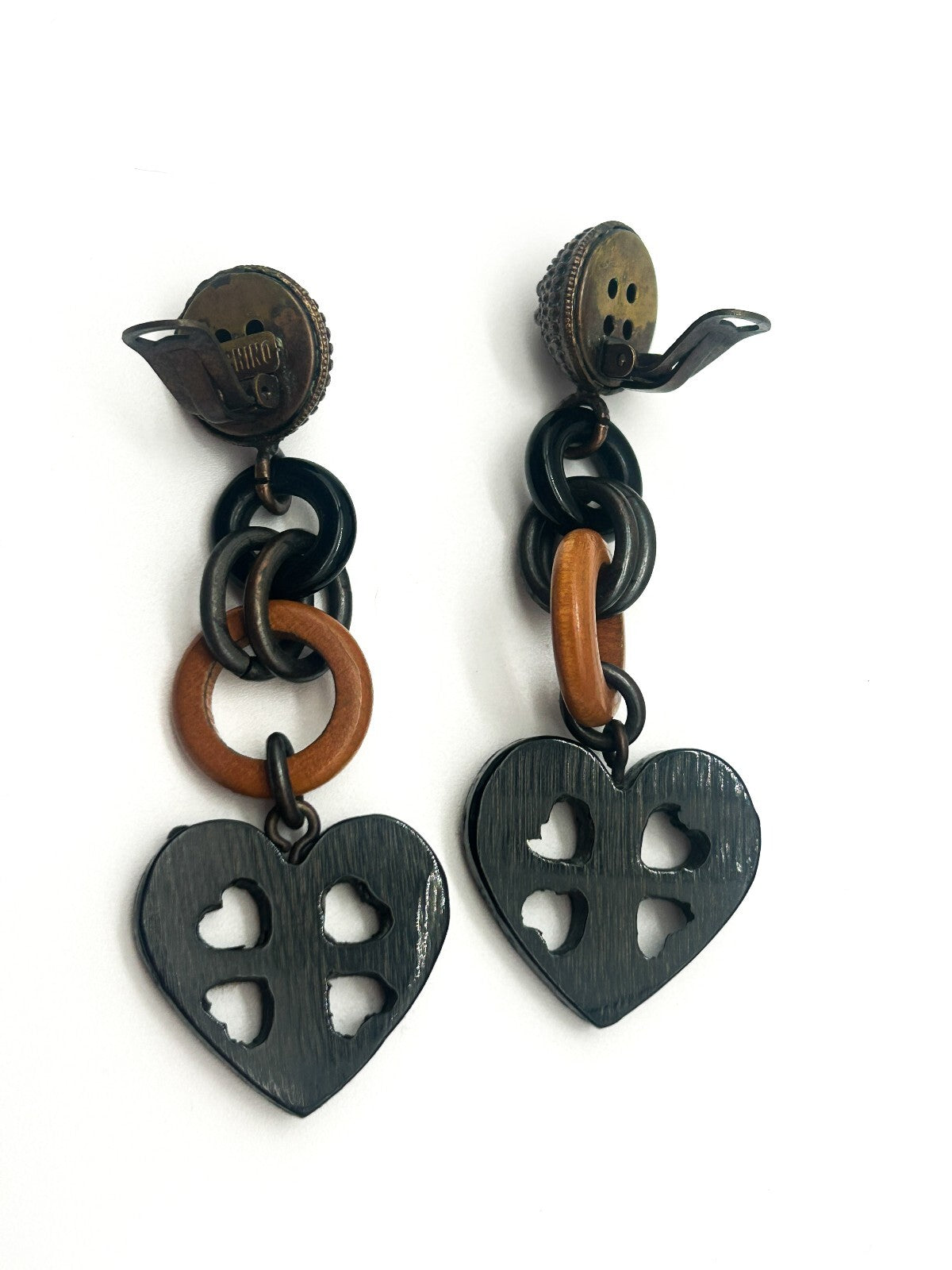 Vintage Moschino Black Acrylic Heart Pendant Necklace & Clip-On Earrings Set