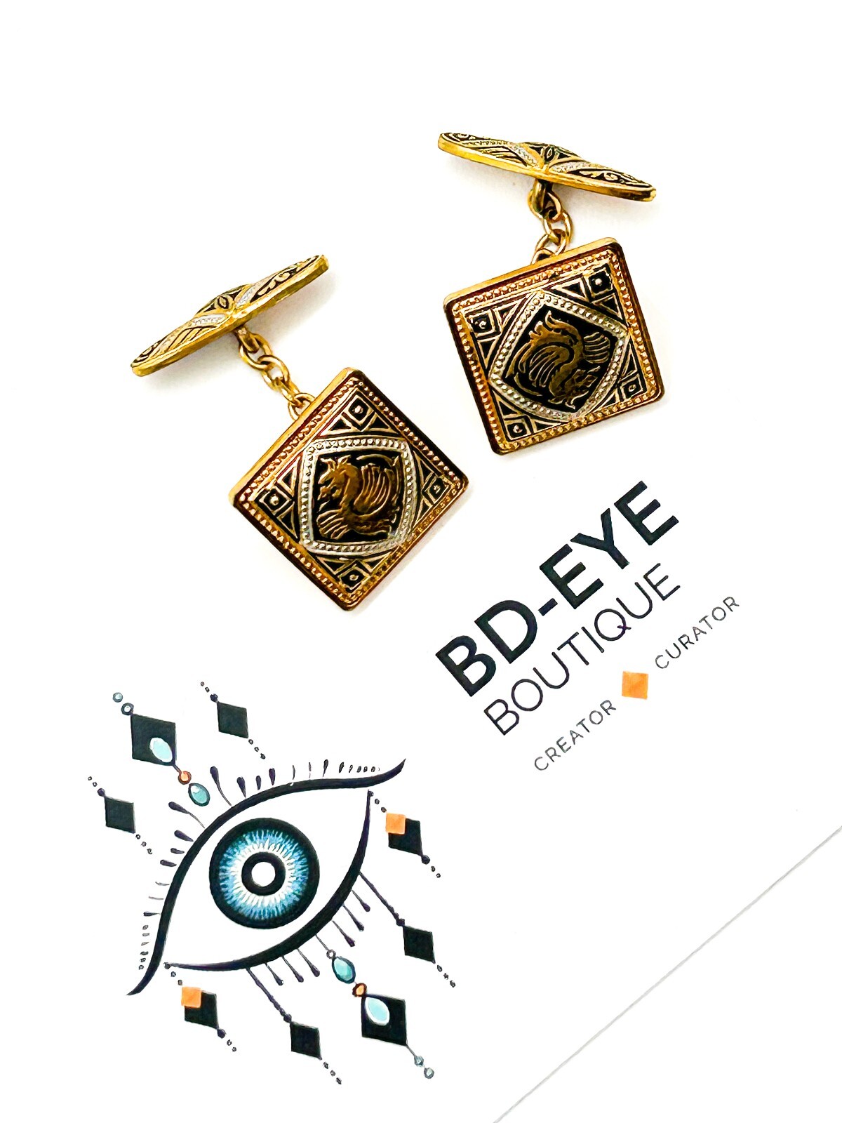 Vintage Toledo Damascene Dragon Cufflinks Gold Plated Spanish Cuff Links