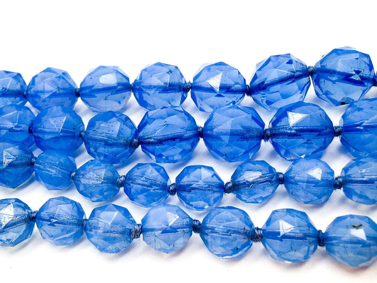 Vintage Long Blue Faceted Glass Bead Necklace Hand Knotted Continuous Strand