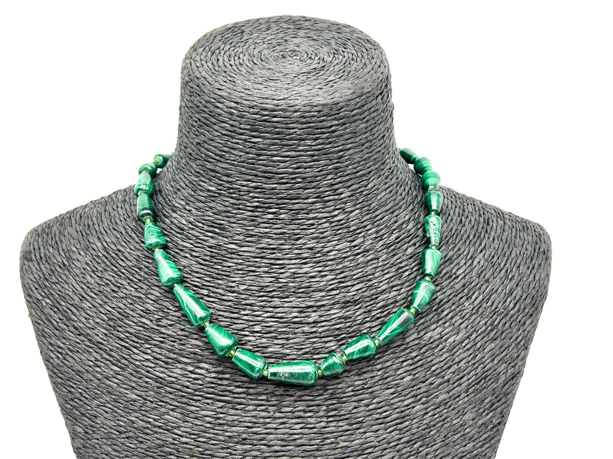 Vintage Genuine Malachite Bead Necklace Green Gemstone Cone Beads 15.5”