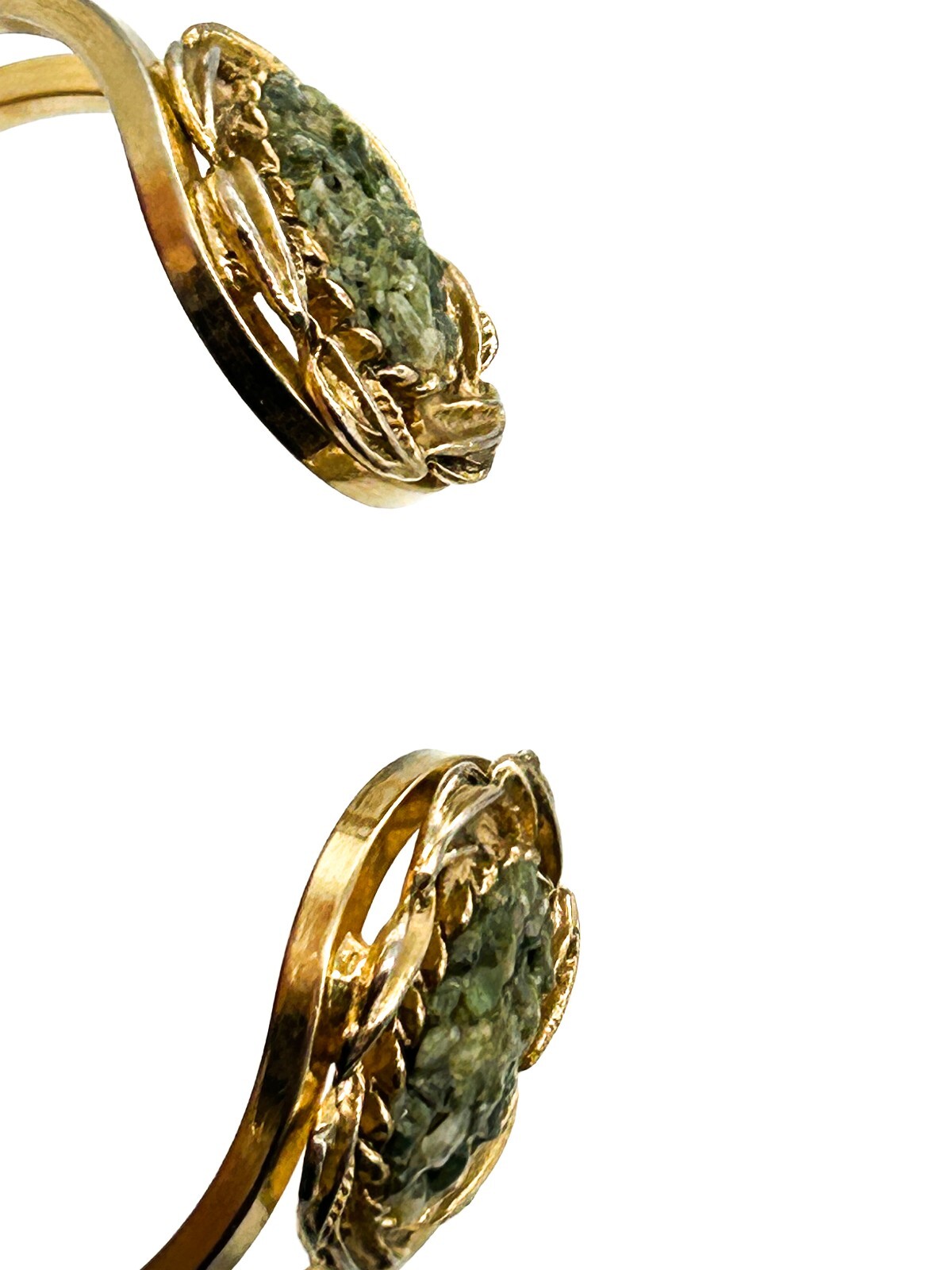 Vintage Gold Tone Faux Jade Glass Clamper Bangle Hinged Bracelet