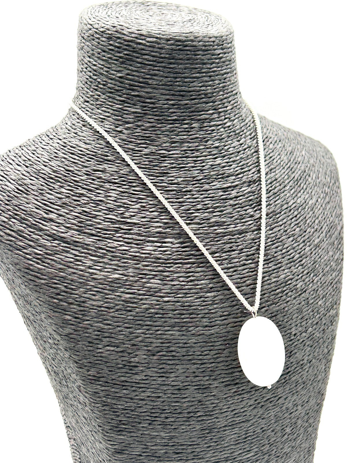 Natural White Jade Pendant Necklace Faceted Oval Gemstone 16.5” Silver Tone