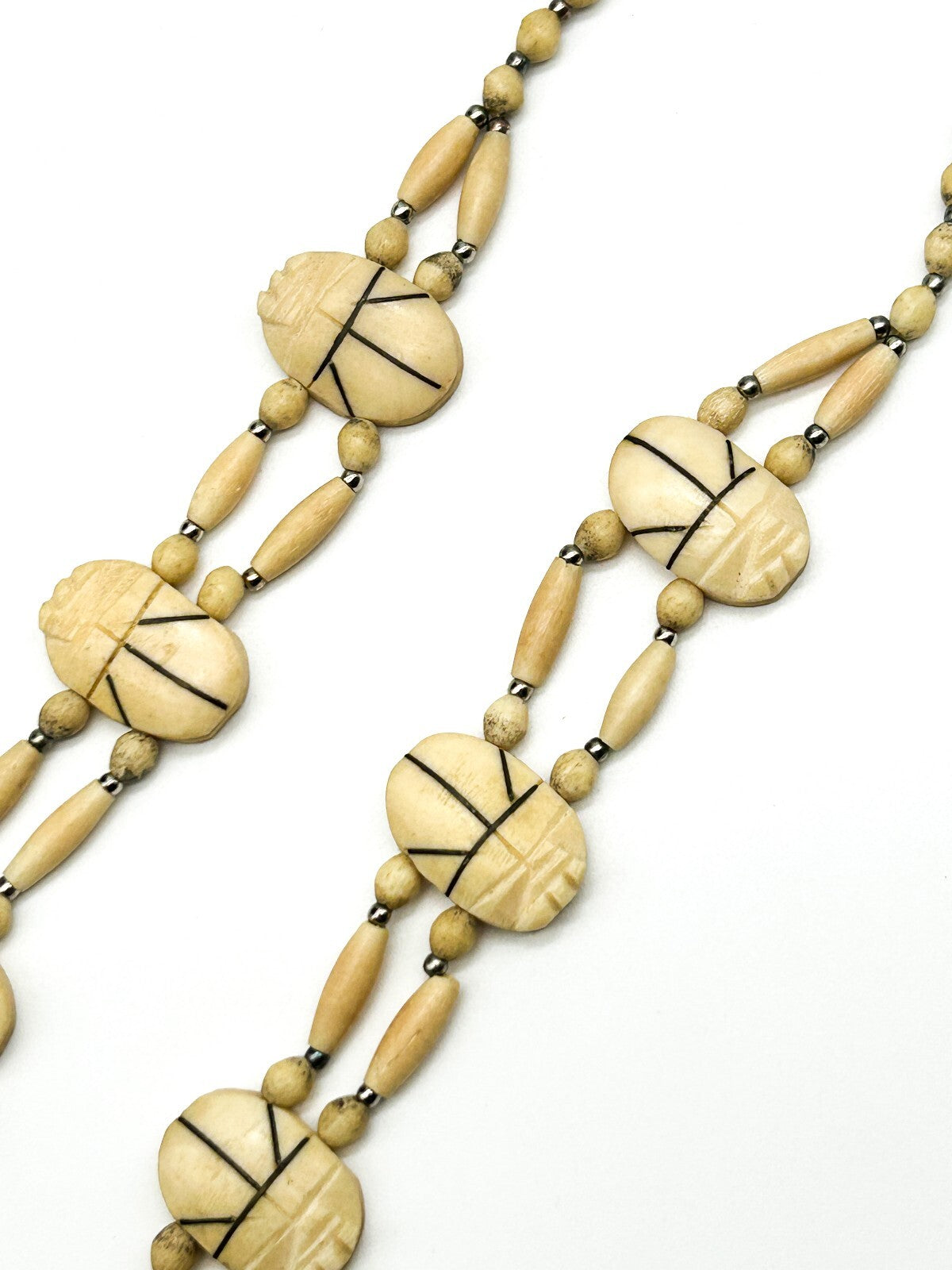 Vintage Carved Scarab Necklace Organic Material Egyptian Revival Beaded 21”
