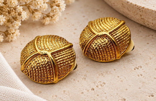 Vintage CHIC Monaco Monte Carlo Gold Tone Textured Dome Clip On Earrings