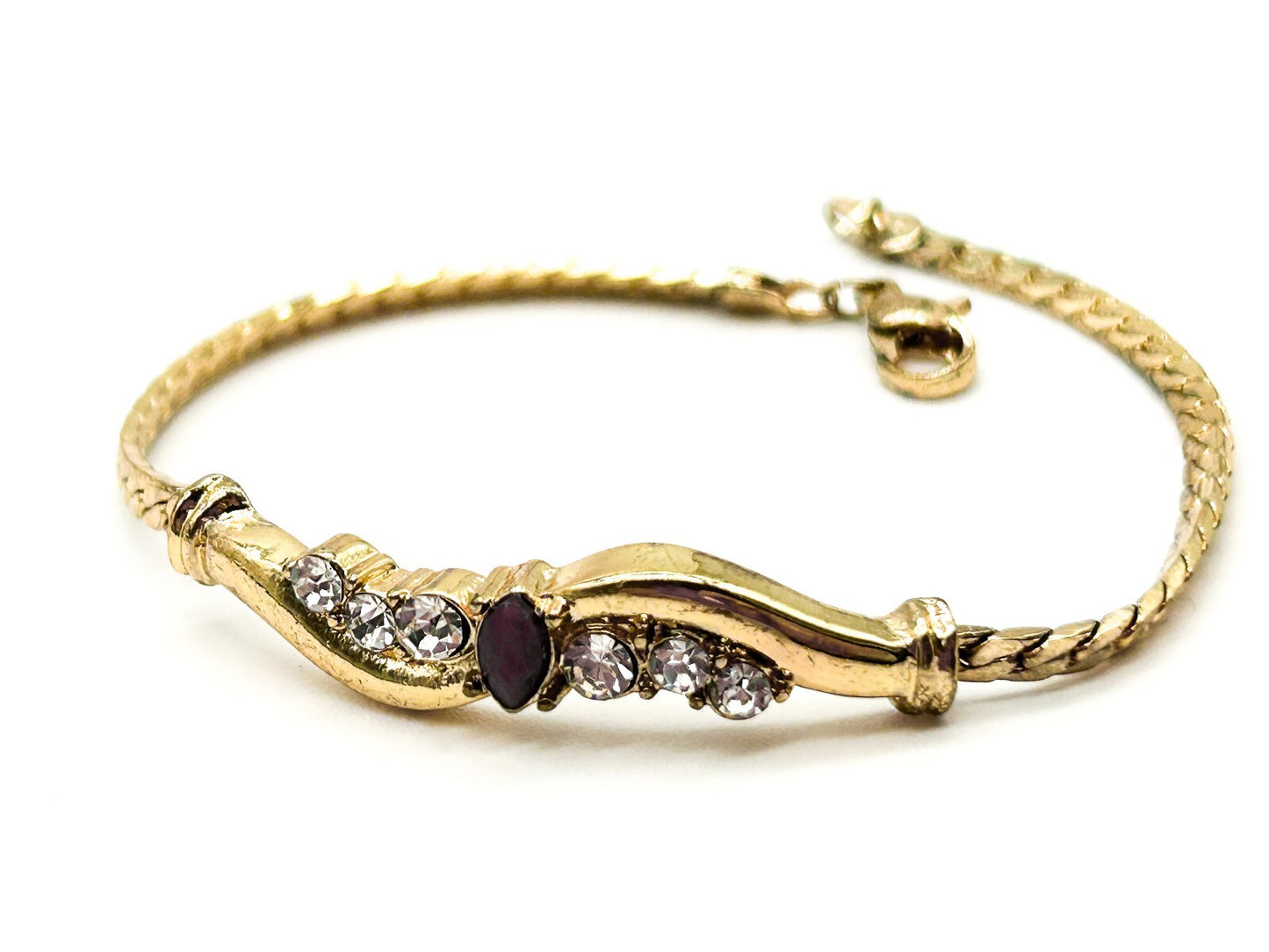 Vintage Gold Plated Cuban Link Bracelet Marquis Ruby (tested) & Glass Crystals