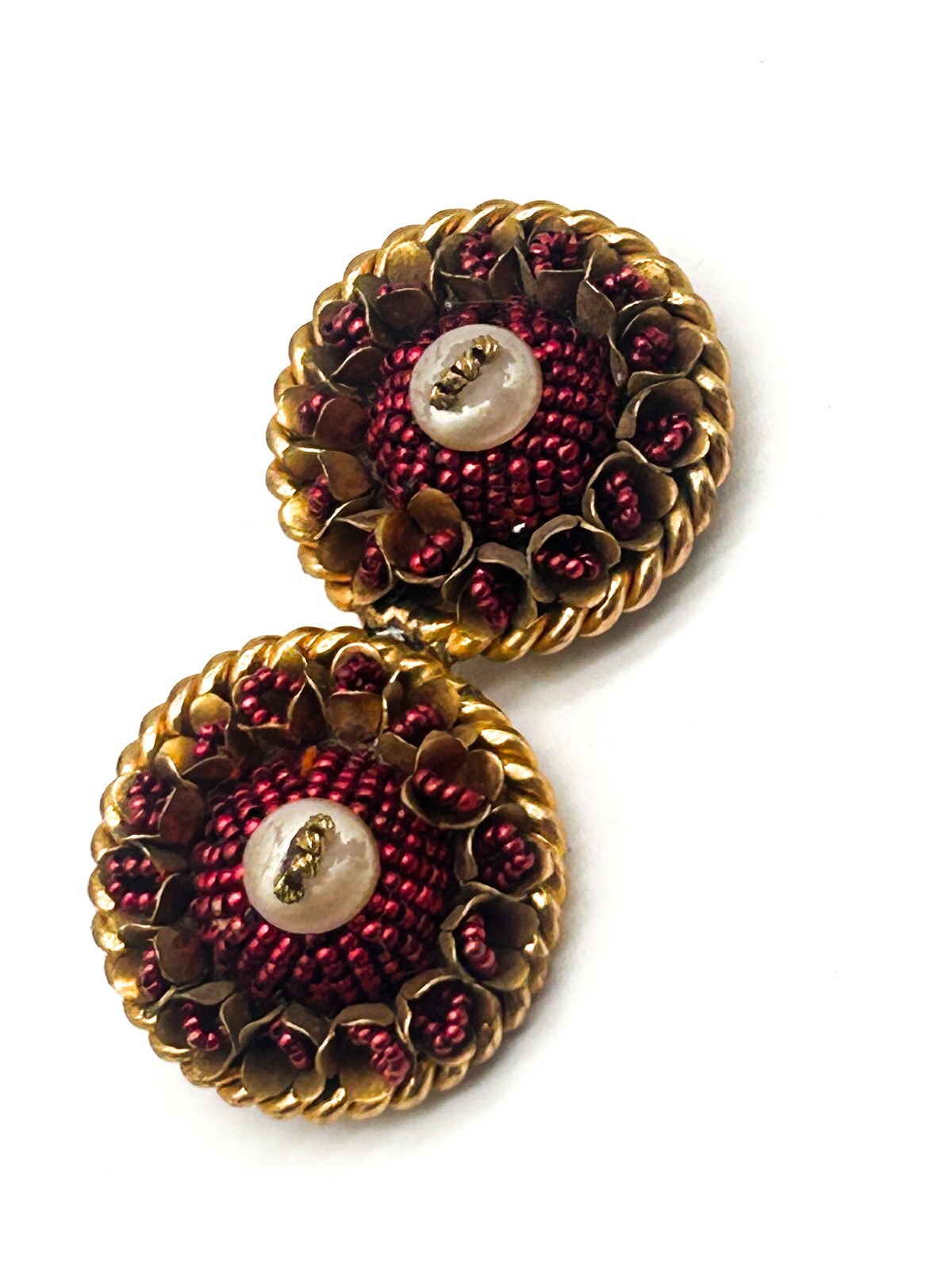Vintage Cranberry Red Seed Bead Faux Pearl Demi Parure Brooch & Clip On Earrings