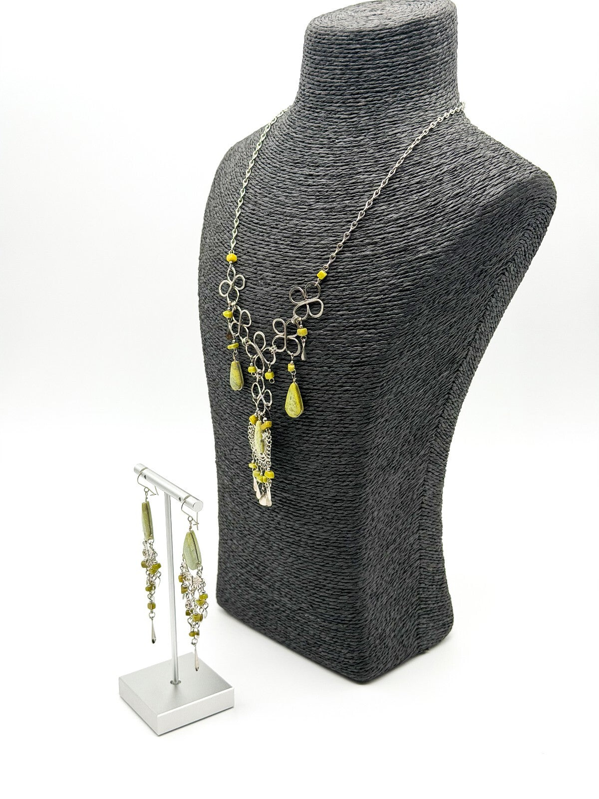 Peruvian Alpaca Silver Serpentine Necklace Earrings Set Wirework Floral Bib