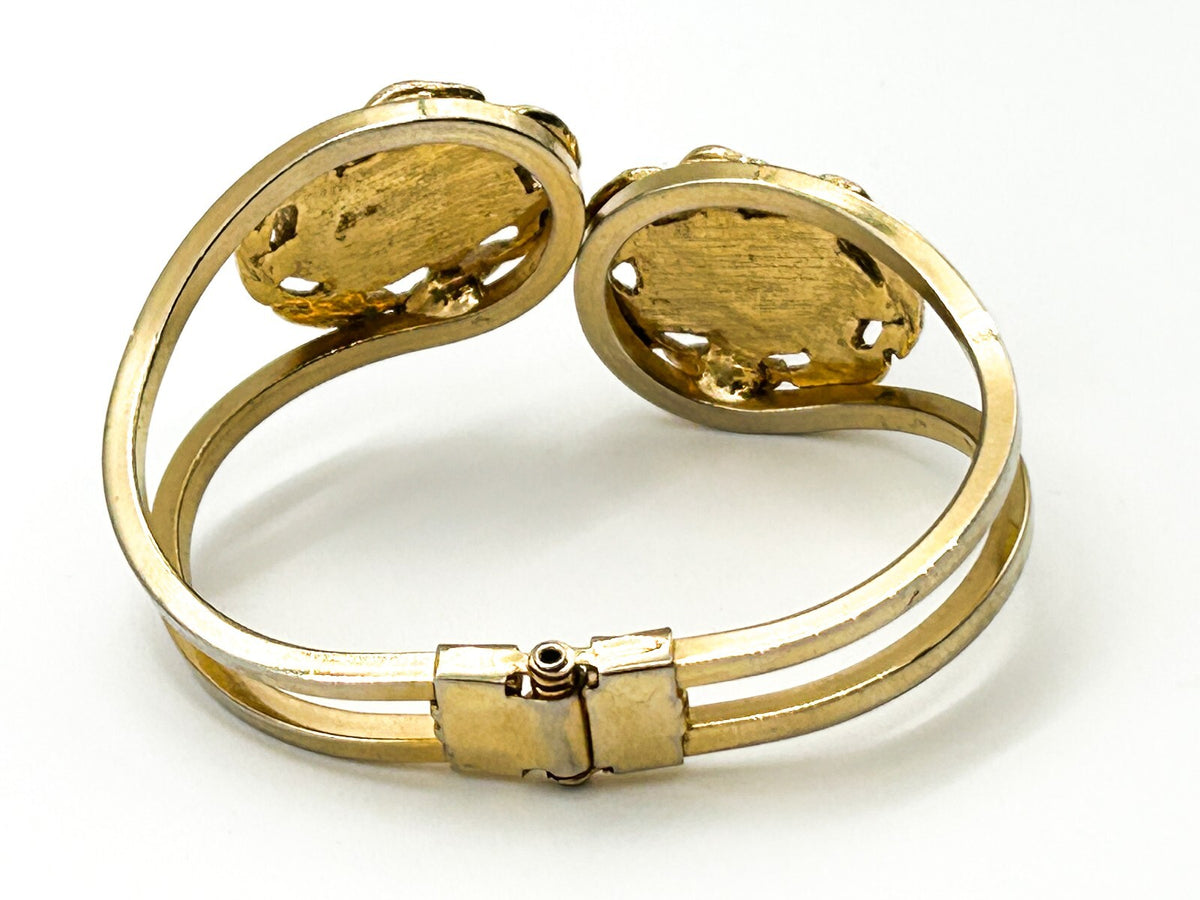 Vintage Gold Tone Faux Jade Glass Clamper Bangle Hinged Bracelet