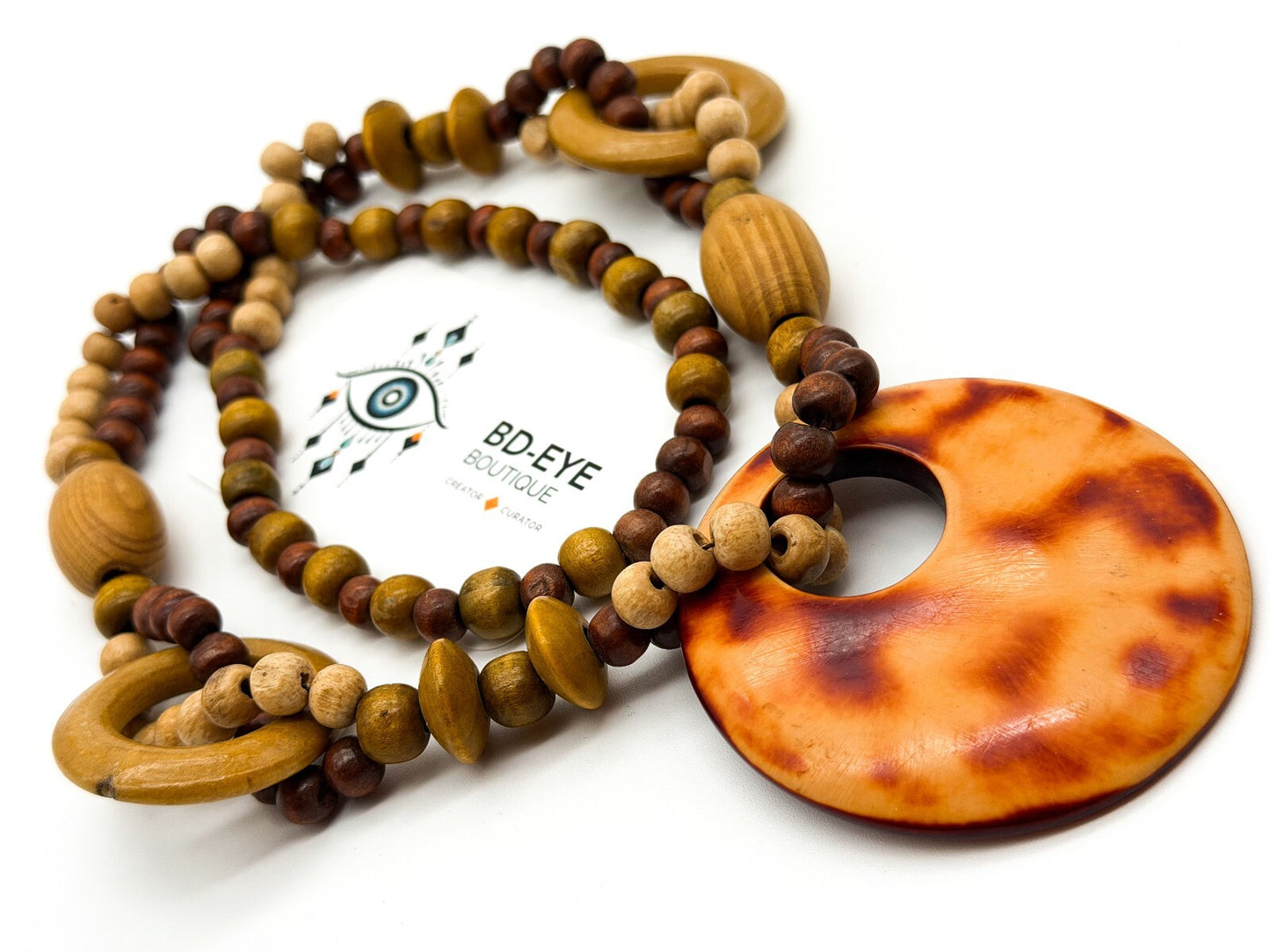 Boho Wood & Resin Statement Necklace Large Disc Pendant Natural Wooden Beads