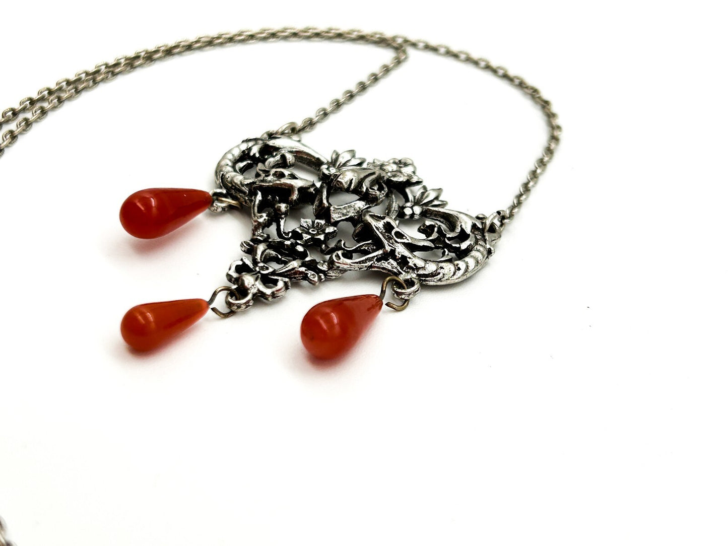 Vintage Art Nouveau Style Pendant Necklace Silver Tone Orange Glass Drops