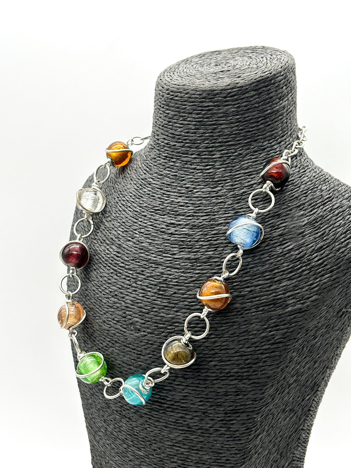 Vintage Multicolour Foil Art Glass Necklace Silver Tone Wrapped Beads Statement