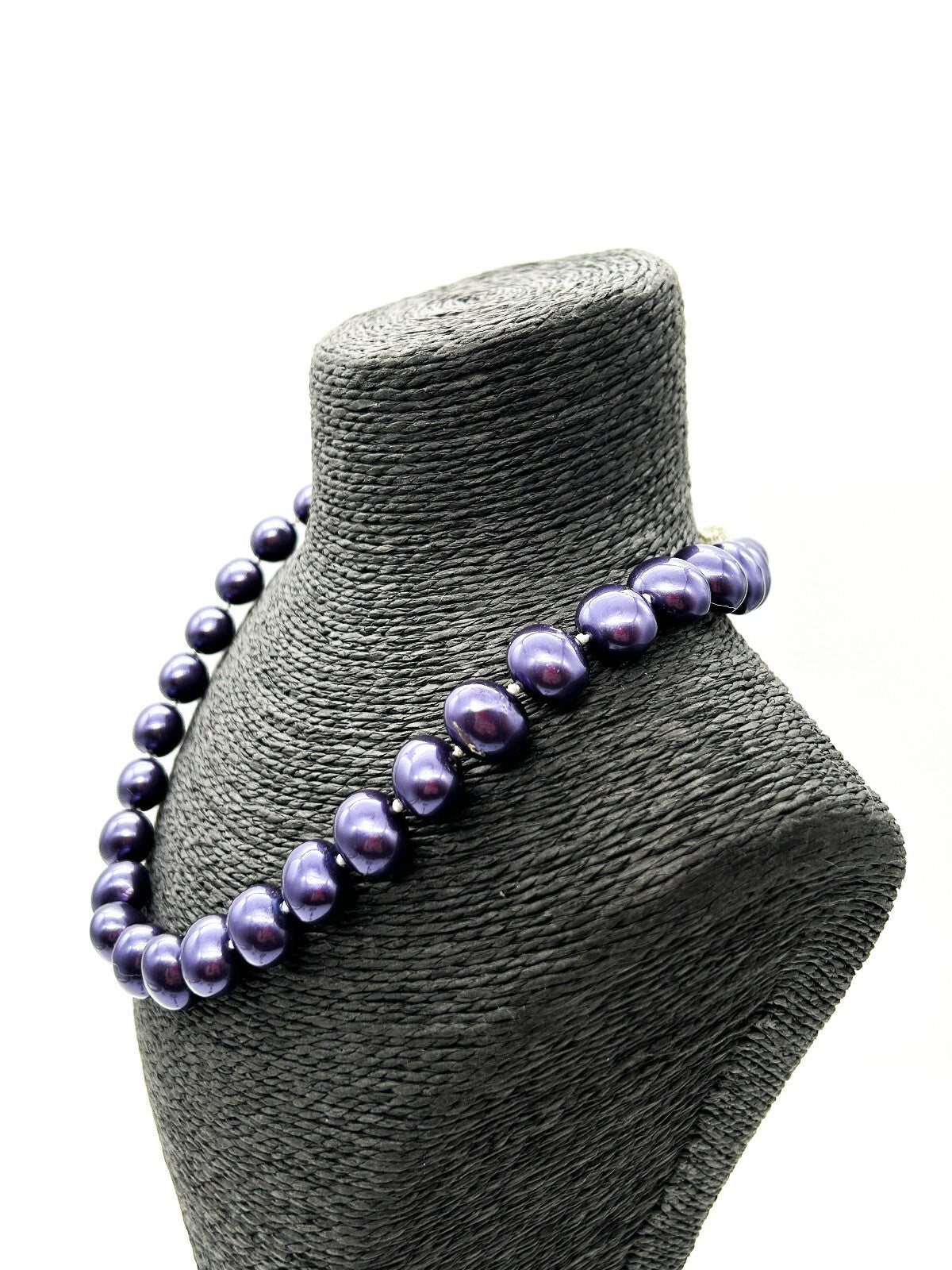 Vintage Chunky Purple Glass Faux Pearl Necklace Hand Knotted Magnetic Clasp