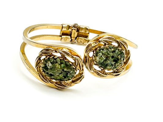 Vintage Gold Tone Faux Jade Glass Clamper Bangle Hinged Bracelet