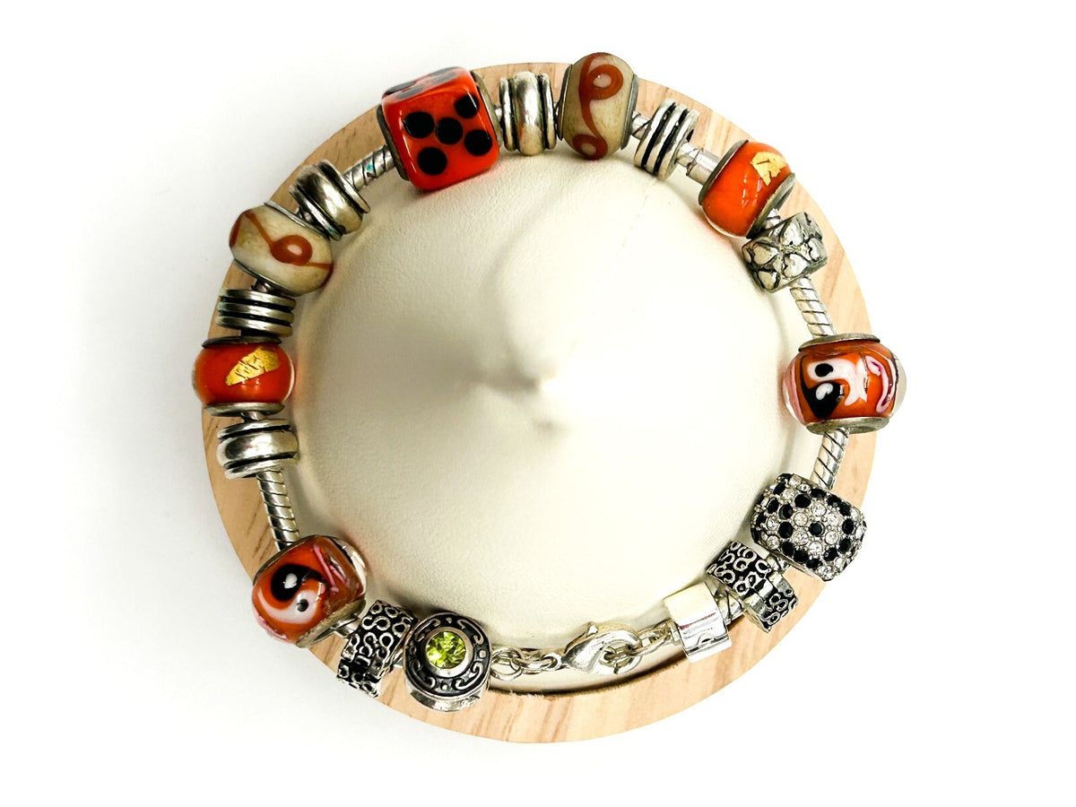 Orange Glass Charm Bracelet European Beads Yin Yang Dice 925 Sterling Charm