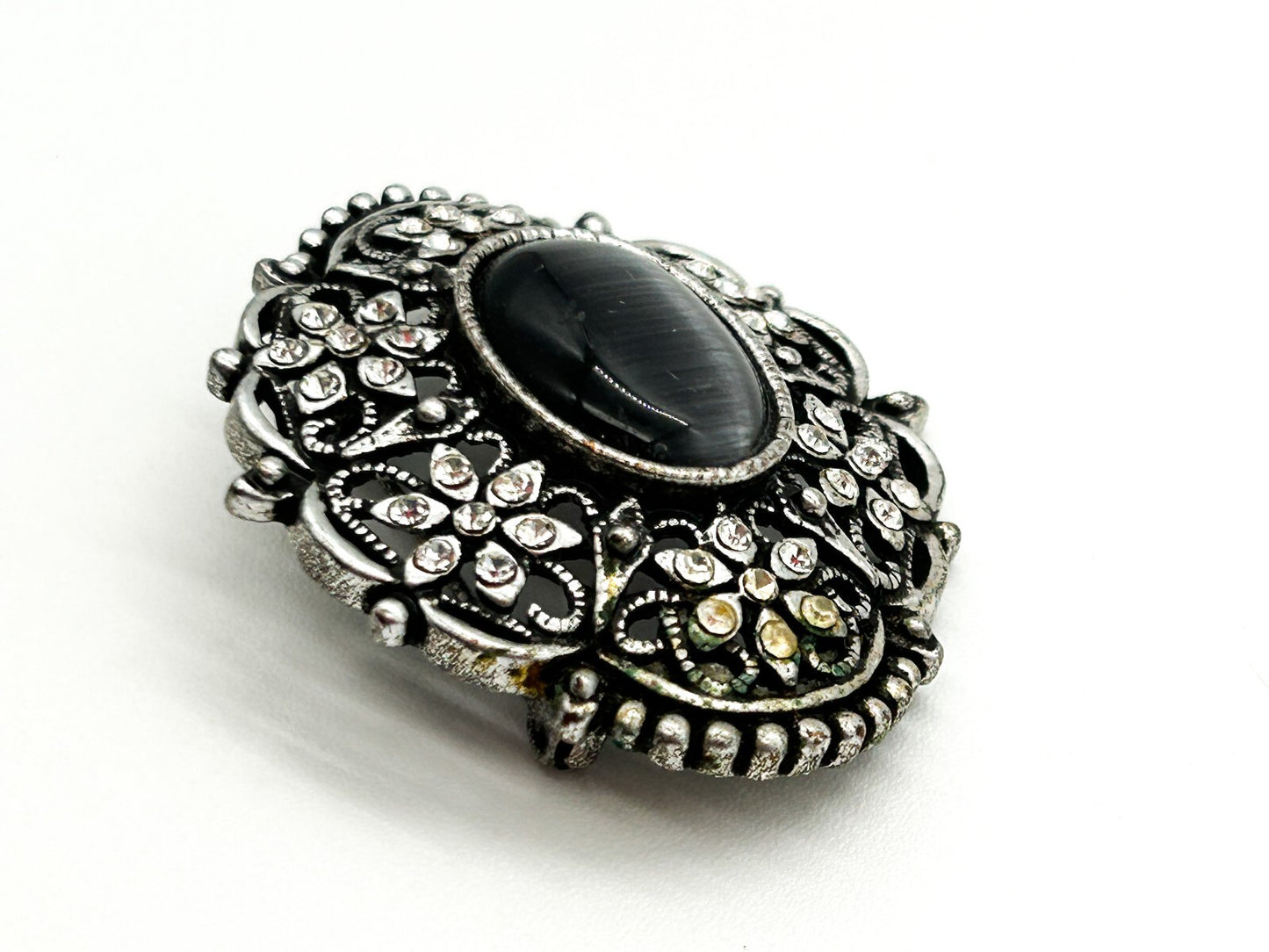 Vintage Style Ornate Cat’s Eye Brooch Grey Glass Cabochon Rhinestone Silver Tone