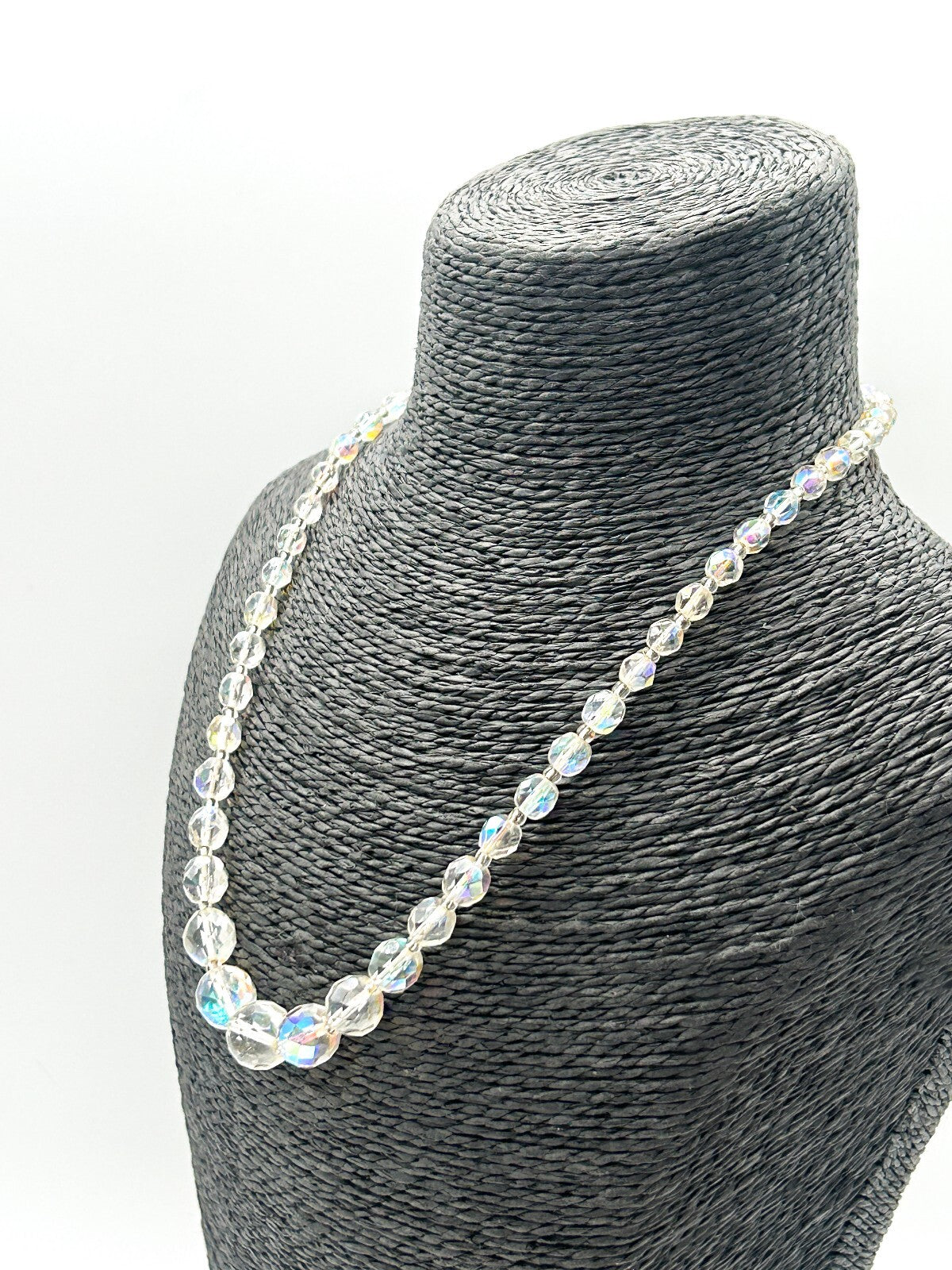 Vintage Aurora Borealis Crystal Necklace Faceted Glass Rhinestone Box Clasp 18"