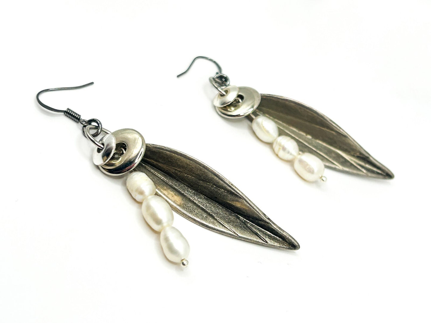 Freshwater Pearl Sculptural Leaf Earrings Silver Tone BD-Eye Original
