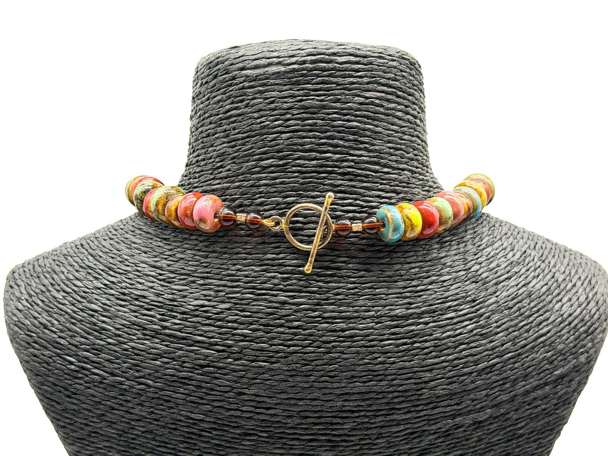 Multicolour Glazed Ceramic Disc Necklace Artisan Boho Statement Toggle Earthy