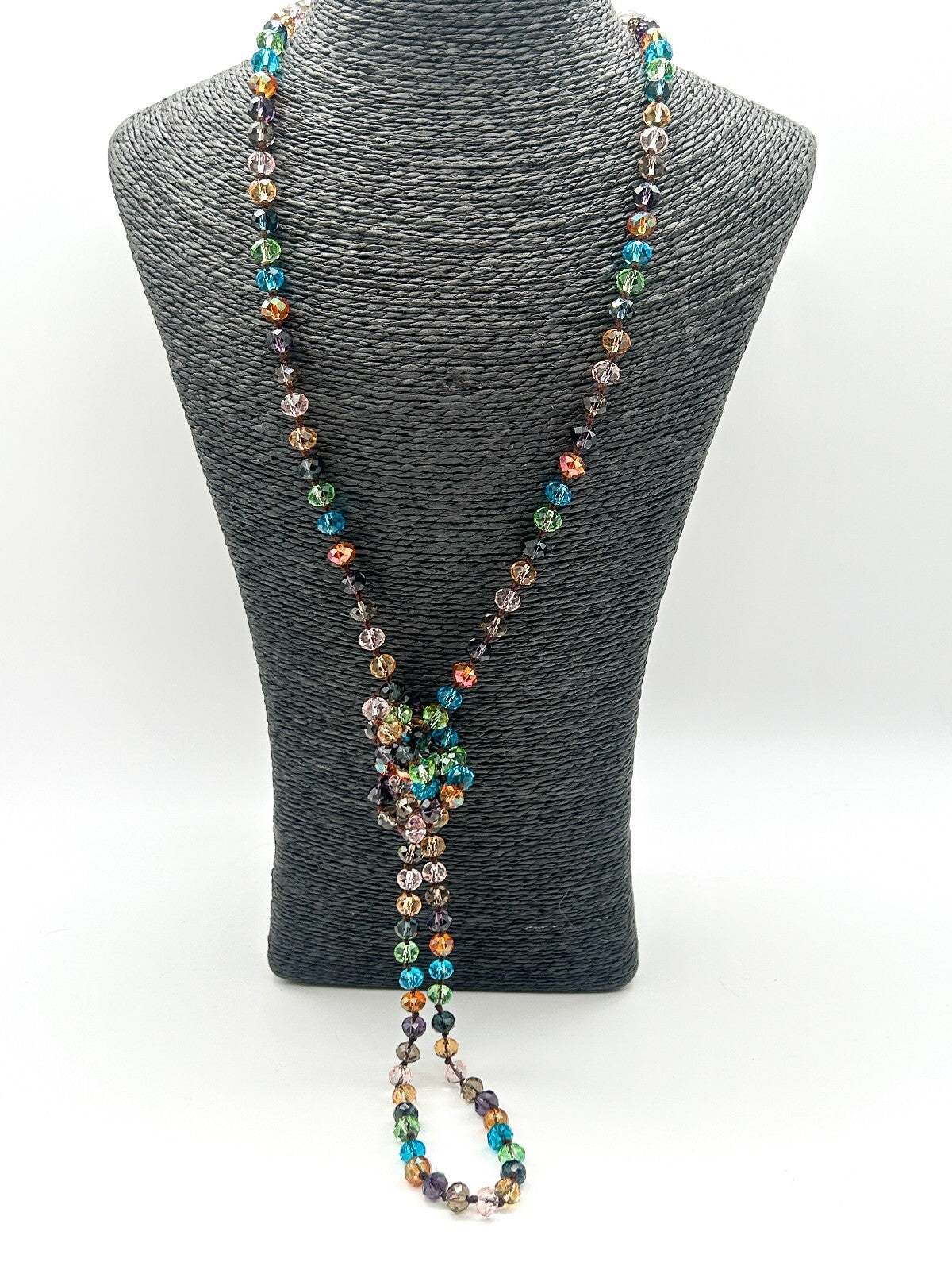 Vintage Multicolour Faceted Crystal Glass Necklace Hand Knotted Rainbow 23"