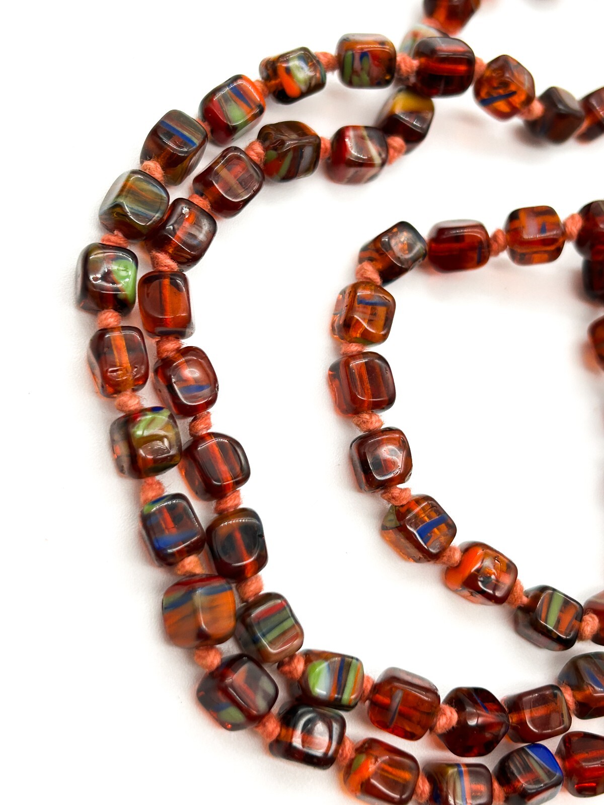 Vintage Orange Czech Art Glass Hand Knotted Necklace Blue Green Spatter Cubes