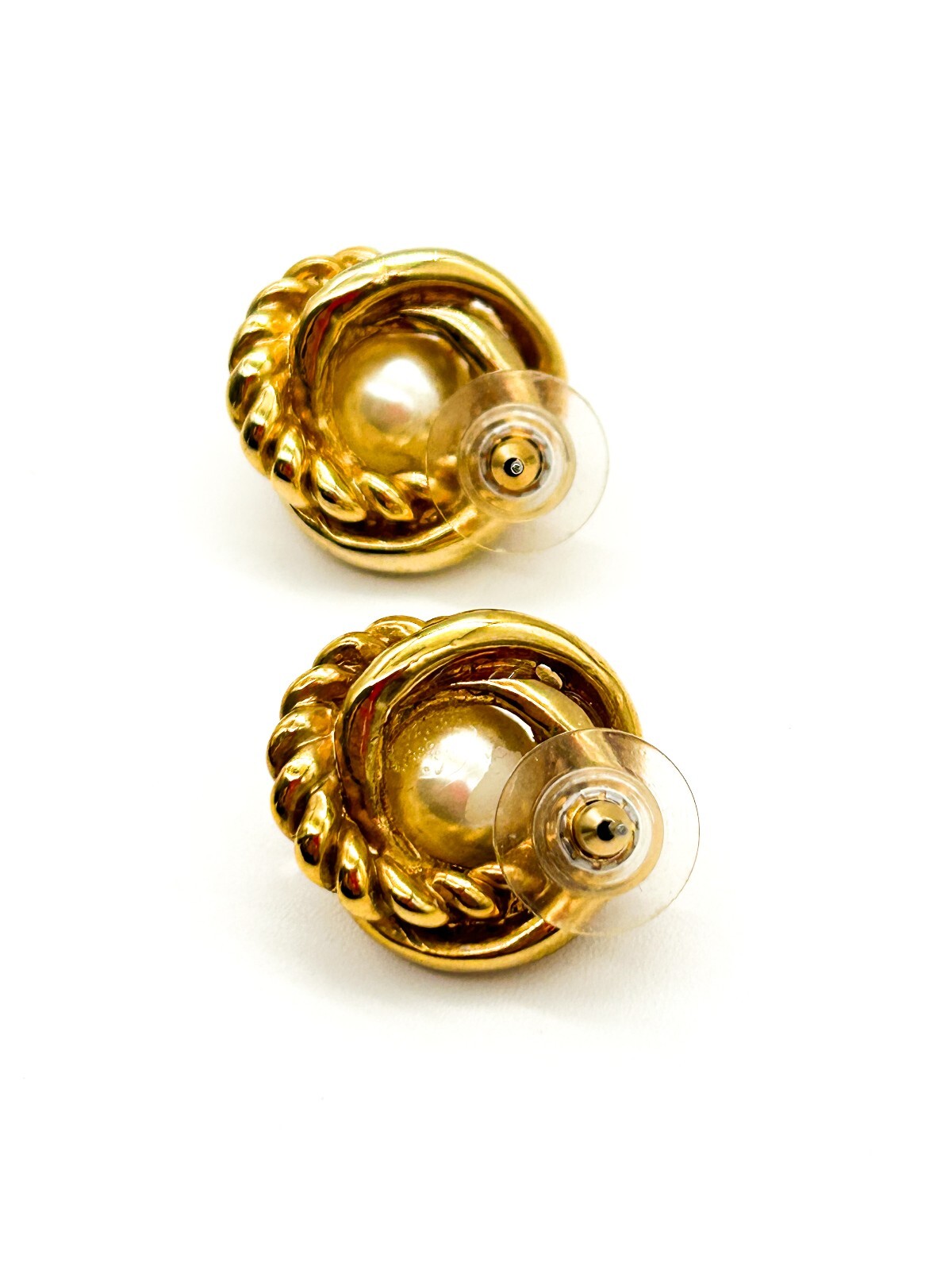 Vintage Gold Tone Faux Pearl Knot Stud Earrings Rope Effect Statement Posts