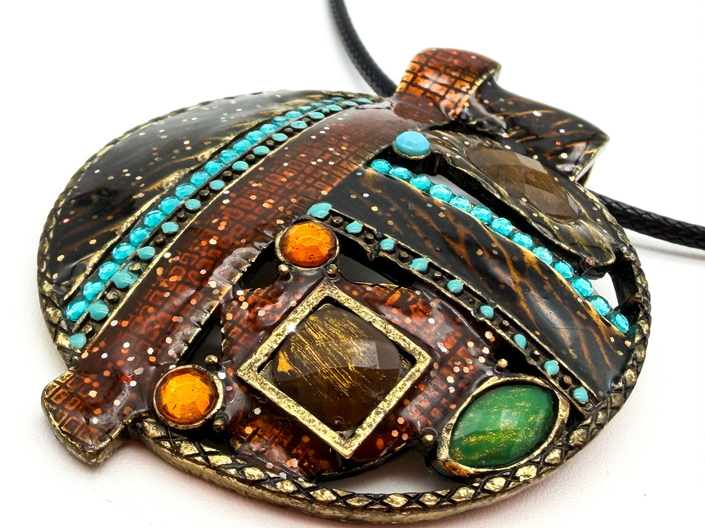 Ikita Paris Statement Pendant Necklace Brown Enamel Turquoise Rhinestone Cord