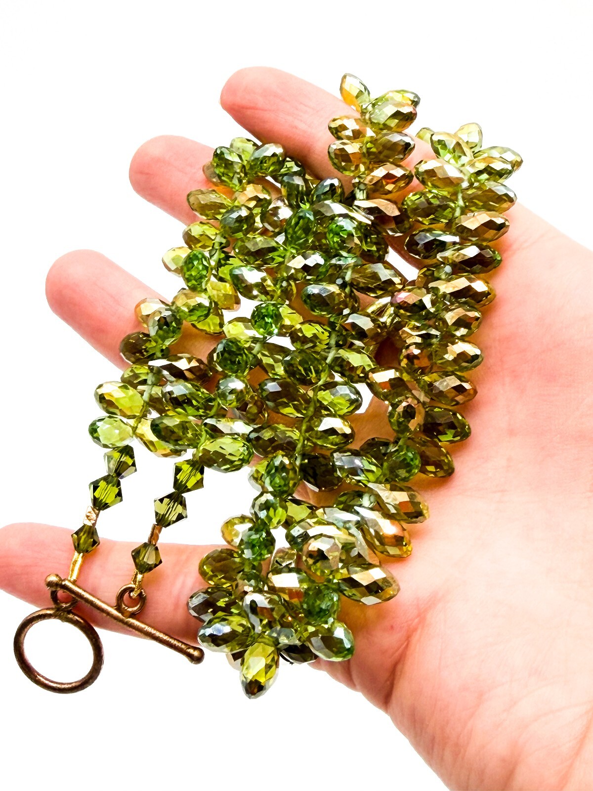 Swarovski Beads Green Crystal Necklace Faceted Teardrop Beads Gold Tone Toggle
