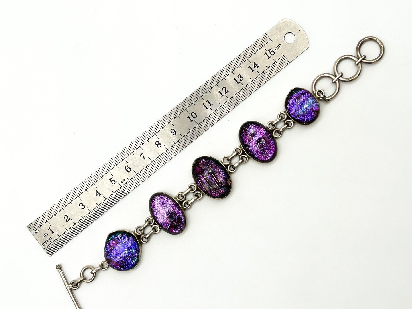 925 Sterling Silver Dichroic Glass Bracelet Purple Pink Artisan Panel Bracelet