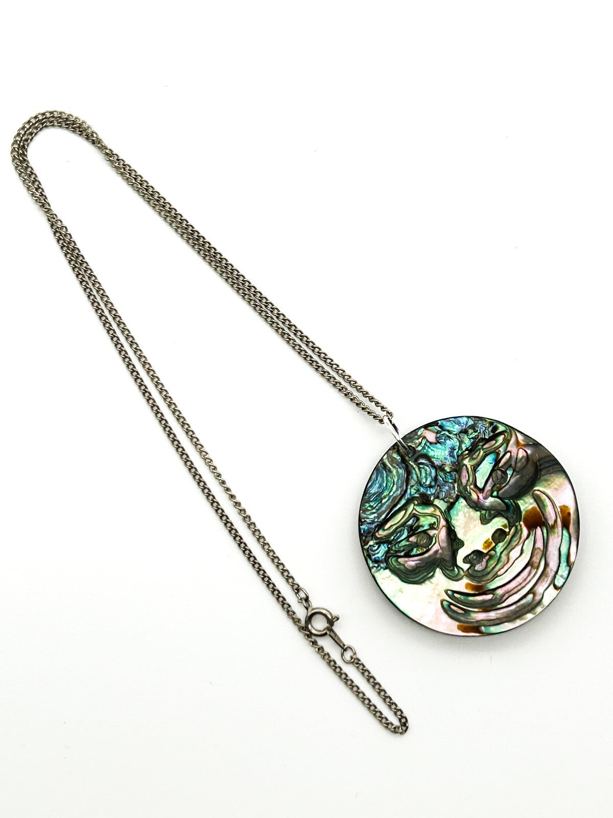 Carved Natural Paua Abalone Shell Face Pendant Necklace Iridescent Statement