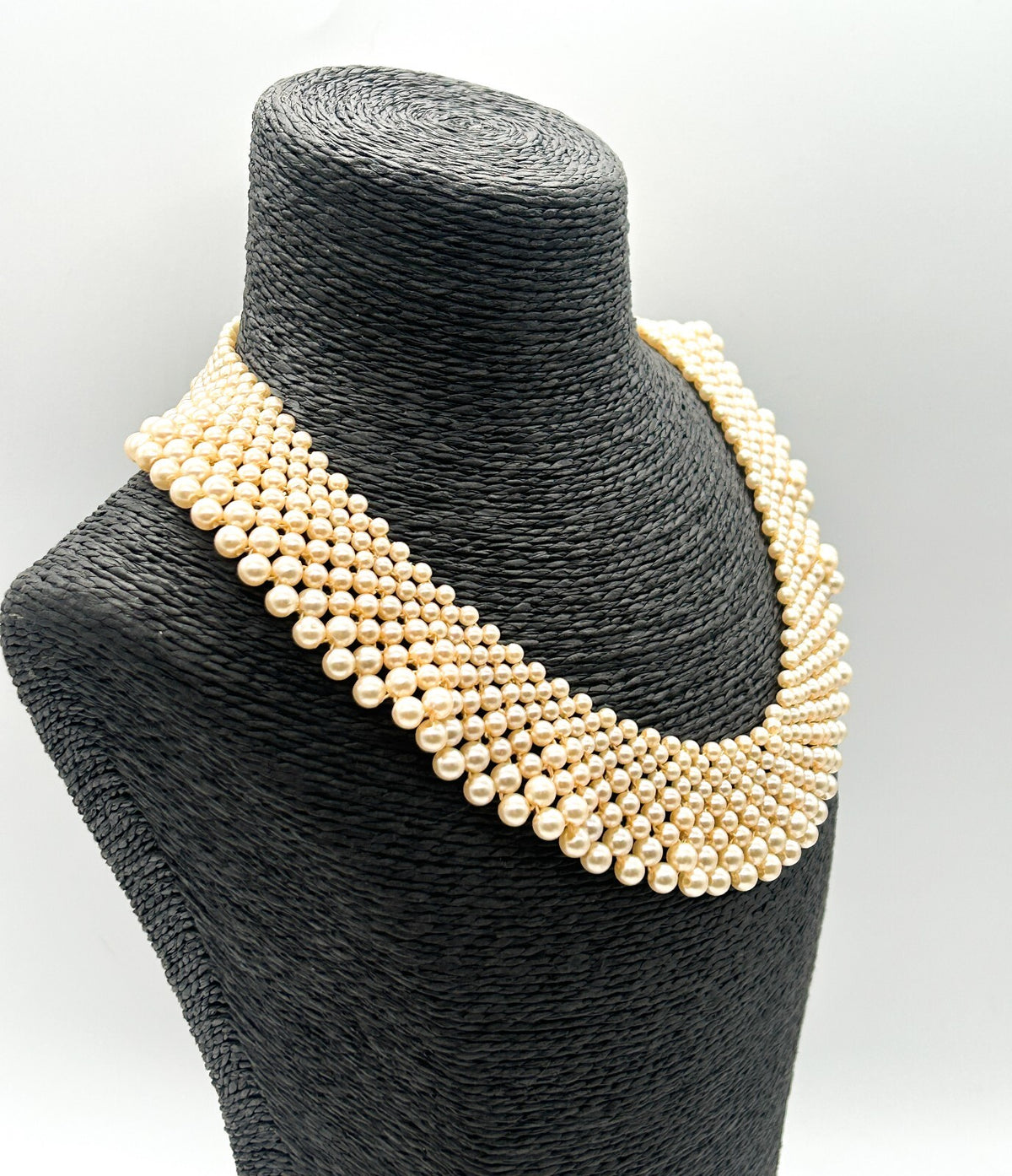Vintage Hong Kong Faux Pearl Collar Necklace Cream Graduated Bib Statement