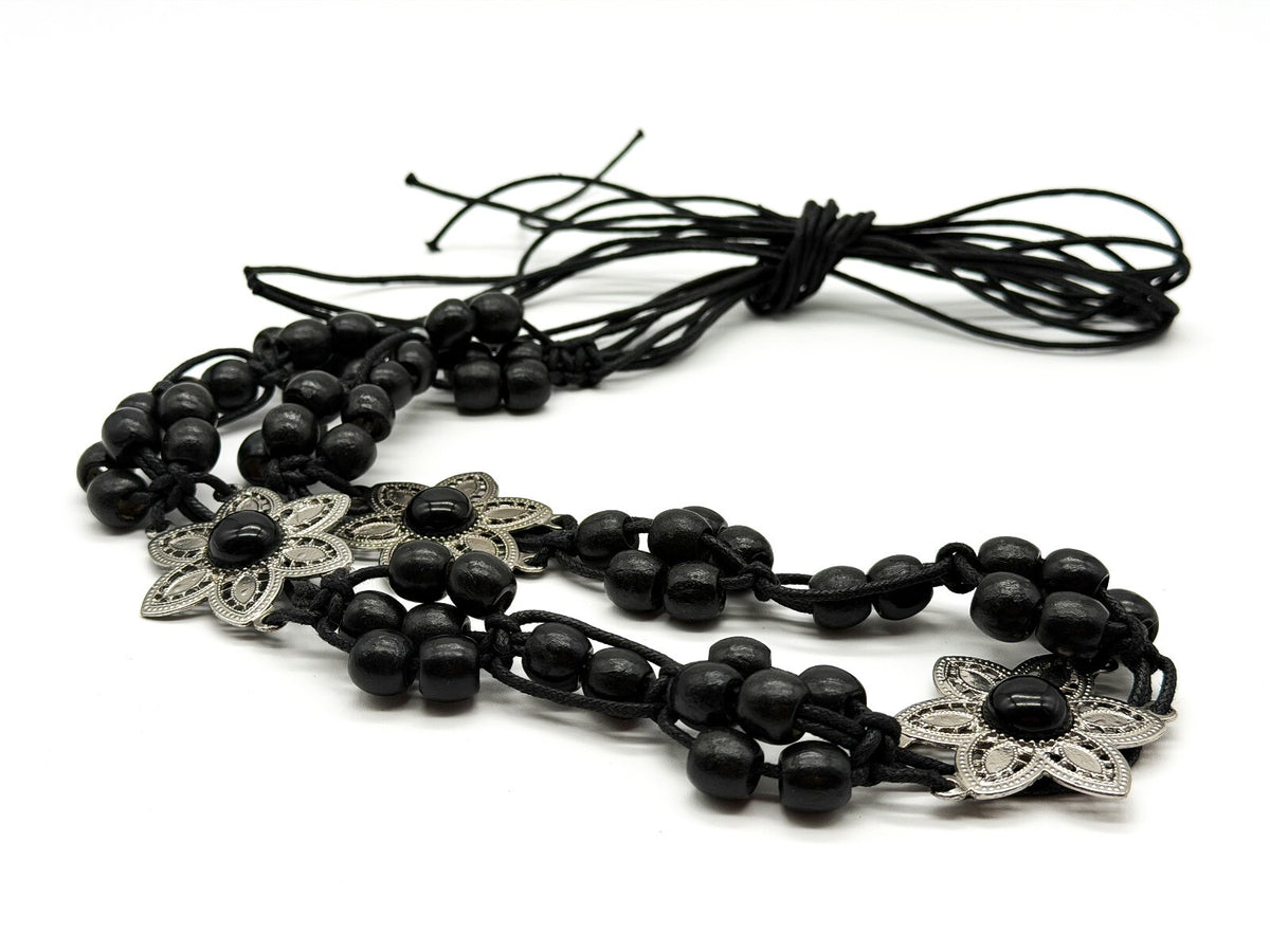 Vintage Black Wooden Bead Tie Belt Multi Strand Boho Floral Silver Tone