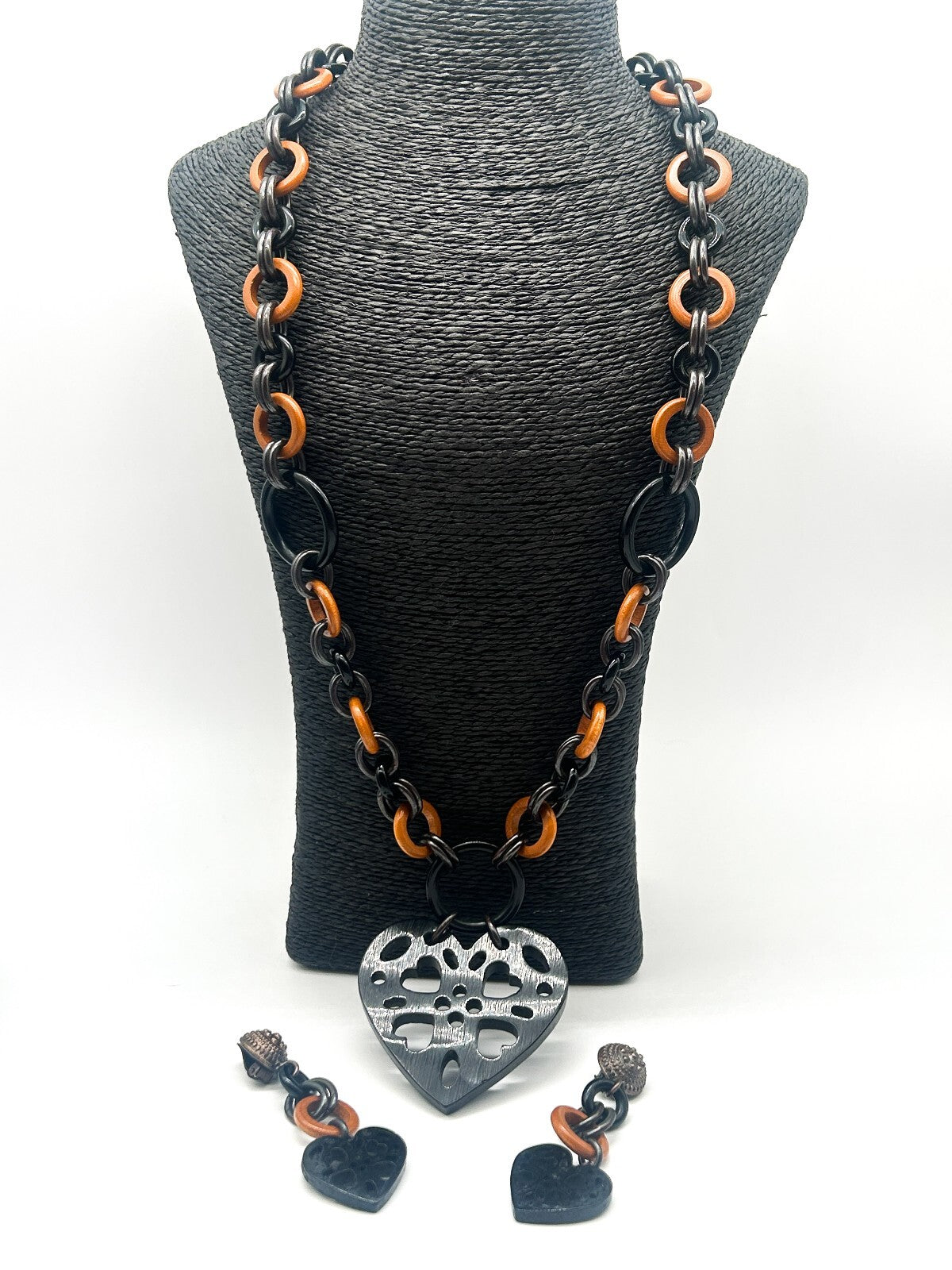 Vintage Moschino Black Acrylic Heart Pendant Necklace & Clip-On Earrings Set