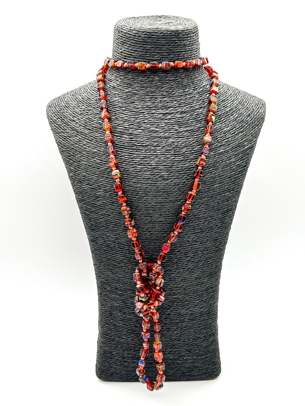 Vintage Orange Czech Art Glass Hand Knotted Necklace Blue Green Spatter Cubes