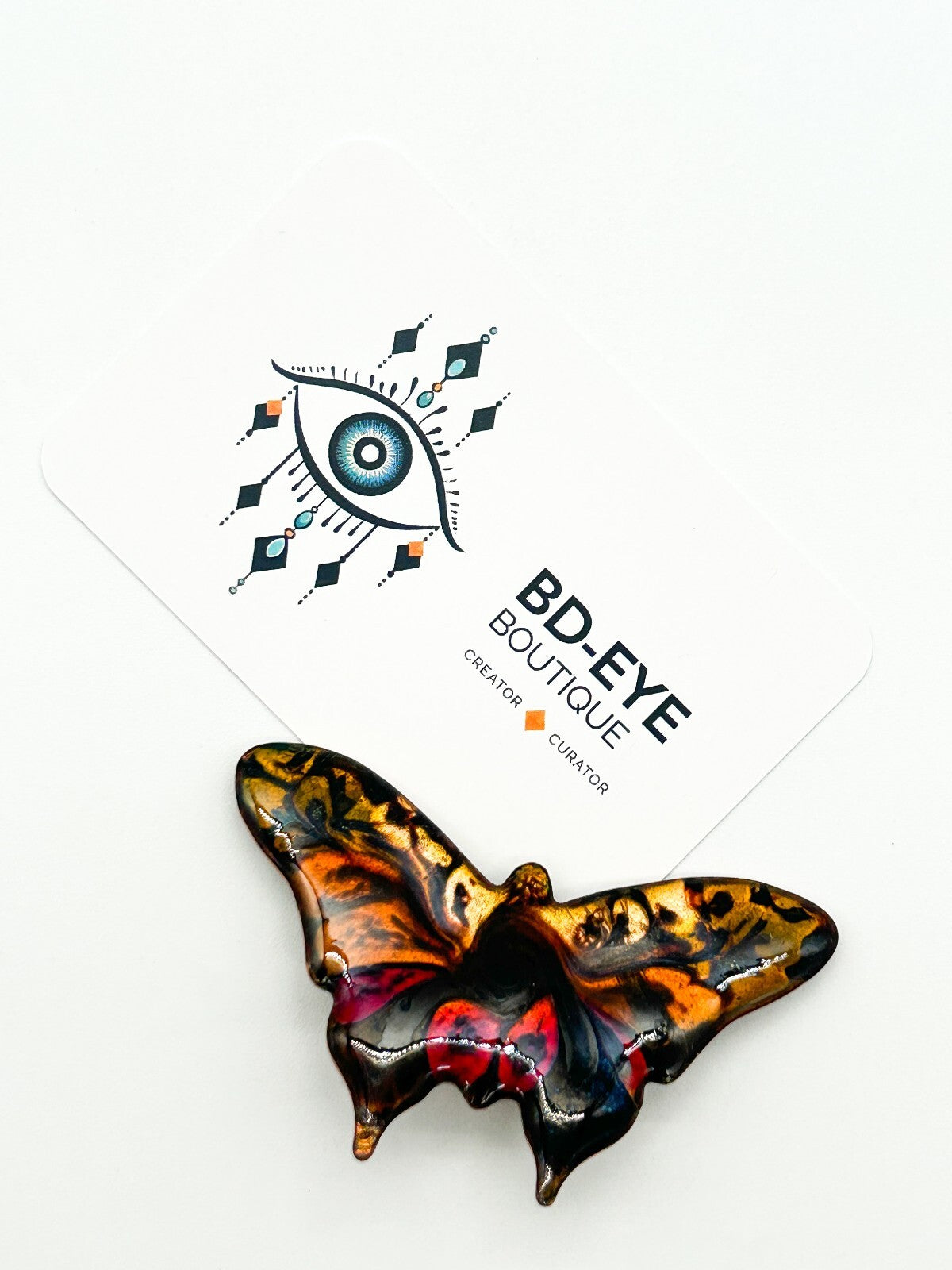 Vintage Glazed Ceramic Enamel Butterfly Brooch Amber Black Red Statement Pin