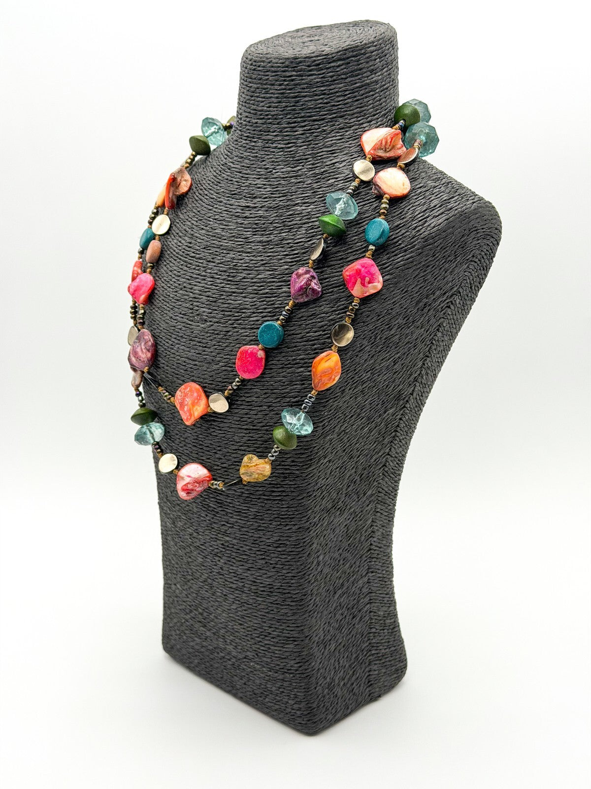 Boho Long Hand Knotted Shell Wood Acrylic Bead Statement Necklace Multicolour