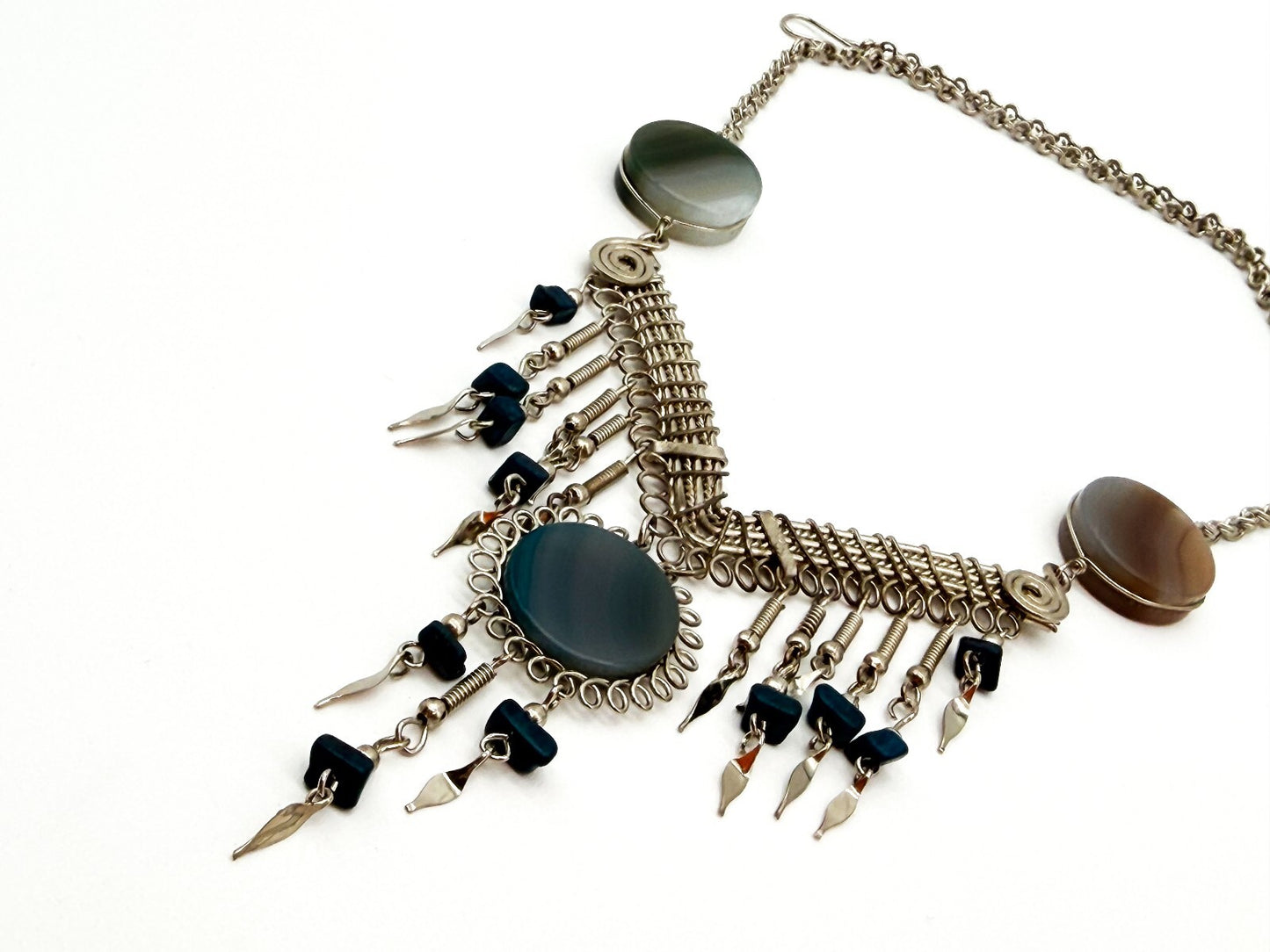 Peruvian Alpaca Silver Agate Lapis Lazuli Statement Necklace 17.5”