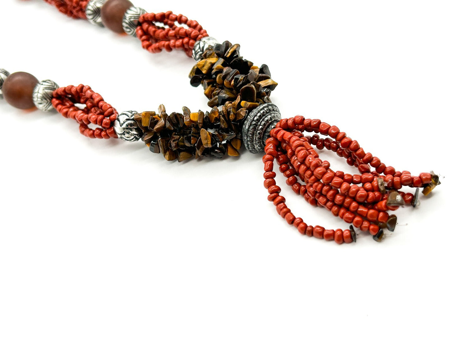 Vintage Tiger’s Eye Amber 6 Strand Tassel Necklace Red Glass Boho Statement