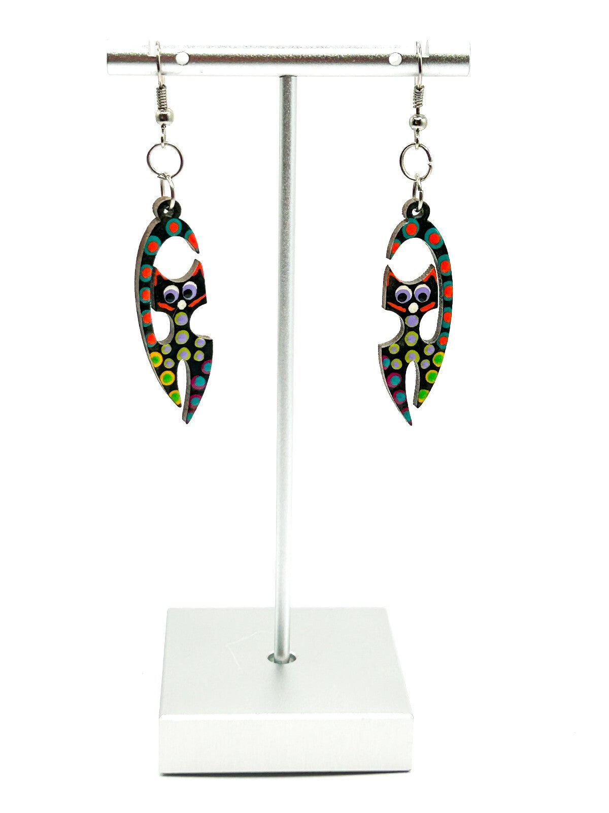 Hand Painted Wooden Cat Earrings Colourful Folk Art Dangle Quirky Felines