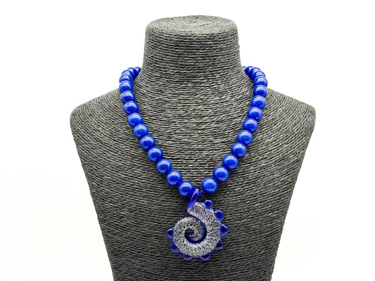 Cobalt Blue Agate Necklace Art Glass Swirl Spiral Pendant Statement Murano-style